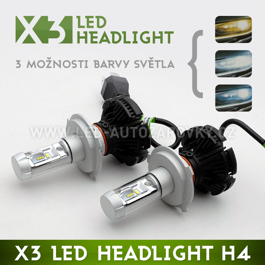 LED headlight H4 - X3 6000lm 50w IP67 - 3000k / 6500k / 8000k