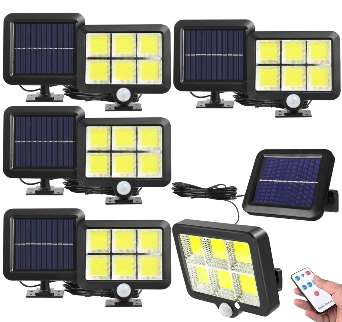 Sada 5ks LED solární světlo - reflektor 120 COB LED s modulárním solárním panelem, pohybový a soumrakový senzor, s dálkovým ovládáním