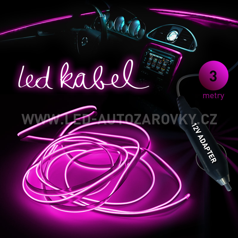 Svítící elektrický kabel - drát, 3m, barva růžová 12V