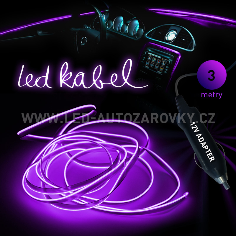 Svítící elektrický kabel - drát, 3m, barva fialová 12V
