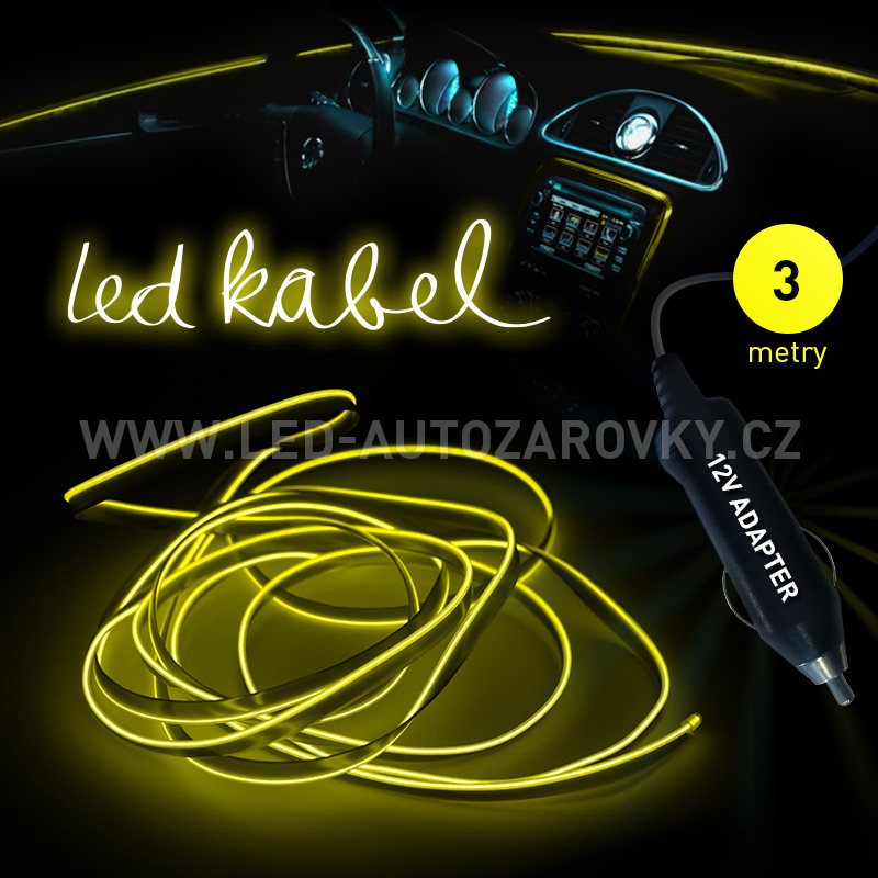 Svítící elektrický kabel - drát, 3m, barva žlutá 12V
