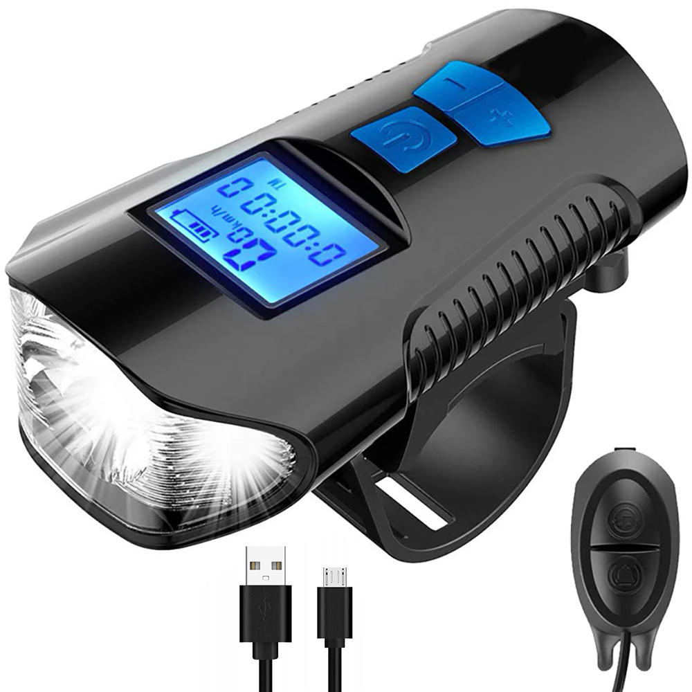LED přední světlo na kolo, vestavěný klakson 120dB, funkce cyklopočítače, 300lm 1500mAh