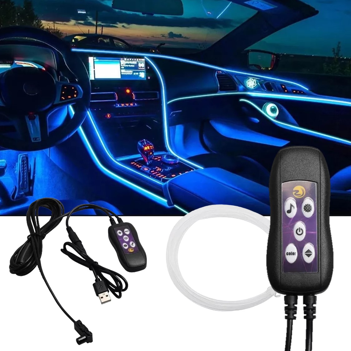 Ambientní LED RGB USB osvětlení do auta, 3m 12V dálkový ovladač