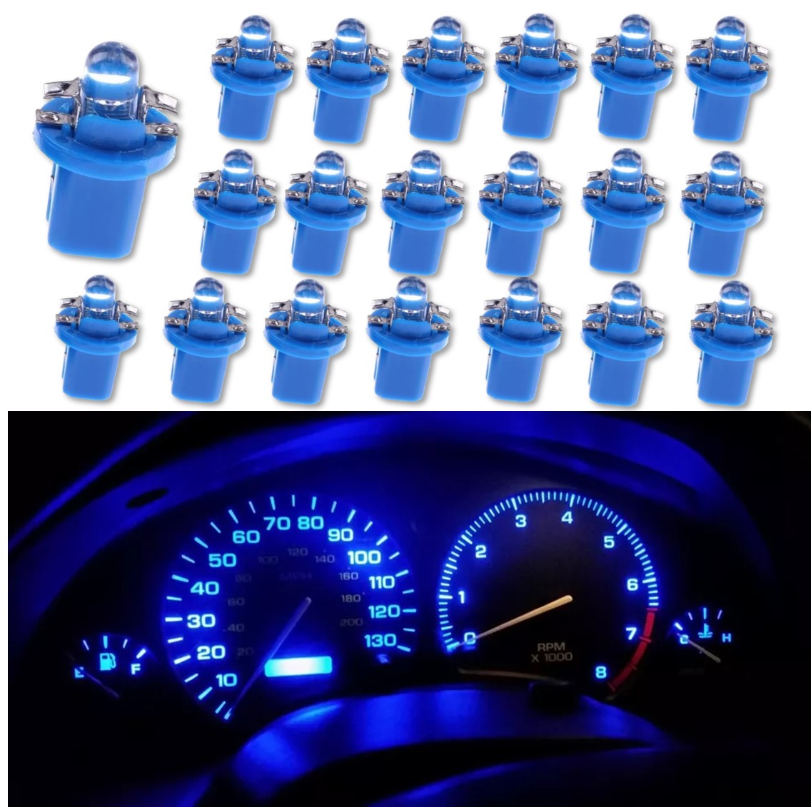 Sada 20ks LED žárovek B8,5D do palubní desky, barva modrá