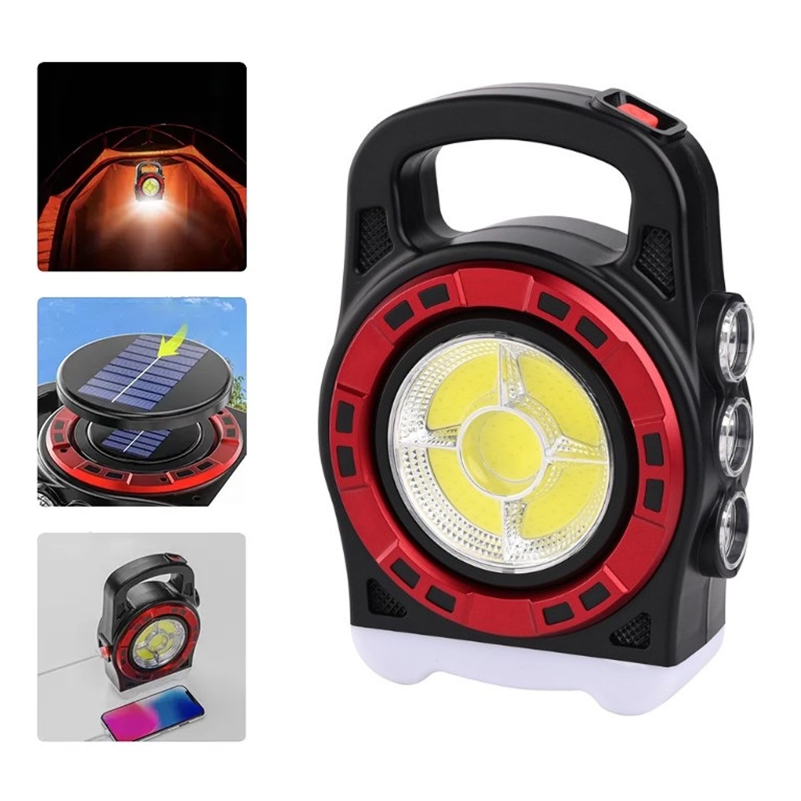 LED solární multifunkční svítilna - baterka s vestavěnou dobíjecí baterií, 9 LED 300lm 20W 2400mAh, s powerbankou
