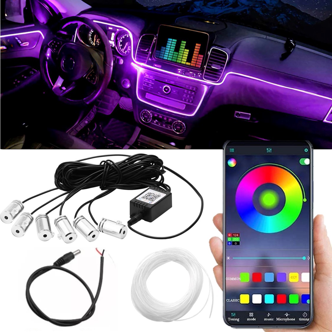 Ambientní LED RGB osvětlení do auta, iOS a Android s Bluetooth, 8m, 12V