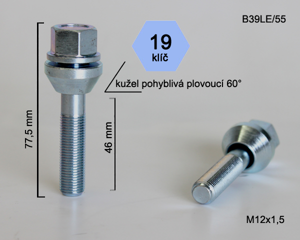Kolový šroub M12x1,25x46mm, dosedací plocha plovoucí kužel, klíč 19, pozink, BIMECC