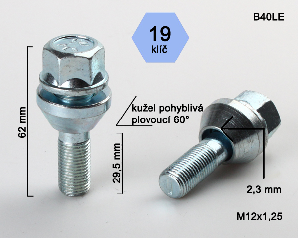 Kolový šroub M12x1,25x29,5mm, dosedací plocha plovoucí kužel, klíč 19, pozink, BIMECC