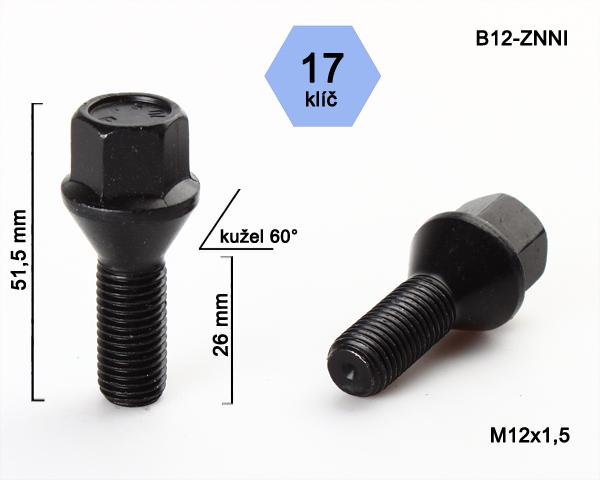 Kolový šroub M12x1,5x26mm, dosedací plocha kužel, klíč 17, černý pozink černý, BIMECC