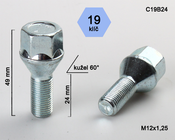 Kolový šroub M12x1,25x24mm, dosedací plocha kužel, klíč 19, pozink