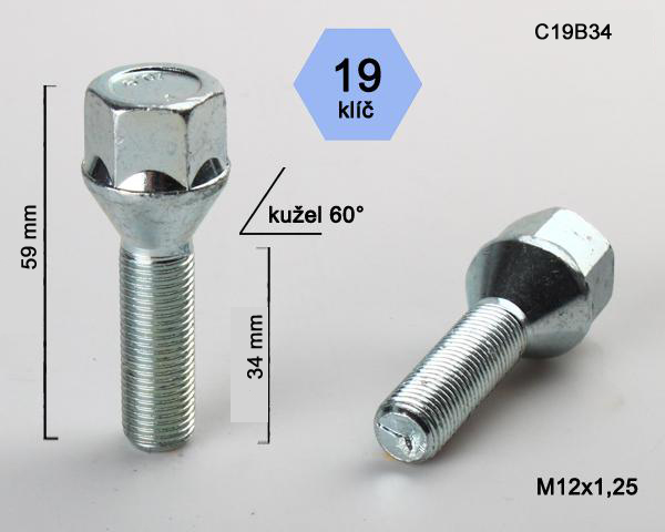 Kolový šroub M12x1,25x34mm, dosedací plocha kužel, klíč 19, pozink