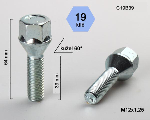 Kolový šroub M12x1,25x39mm, dosedací plocha kužel, klíč 19, pozink