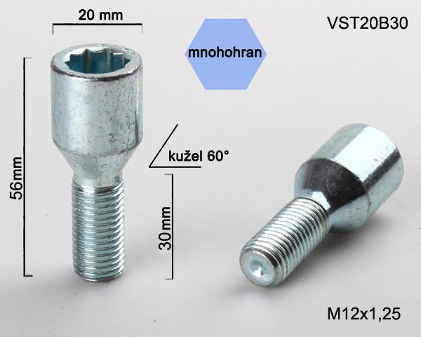 Kolový šroub M12x1,25x30, kužel s vnitřním mnohohranem, průměr hlavy 20, pozink