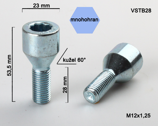 Kolový šroub M12x1,25x28, kužel s vnitřním mnohohranem, průměr hlavy 23, pozink