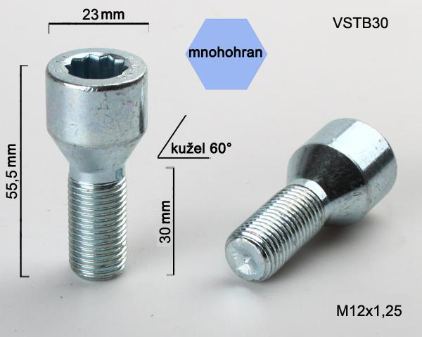 Kolový šroub M12x1,25x30, kužel s vnitřním mnohohranem, průměr hlavy 23, pozink