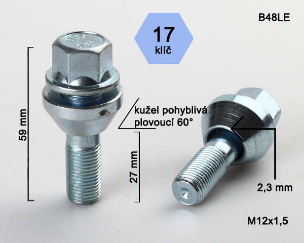 Kolový šroub M12x1,5x27mm, dosedací plocha plovoucí kužel, klíč 17, pozink, BIMECC