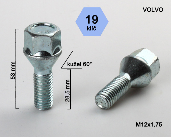 Kolový šroub M12x1,75x28,5mm, dosedací plocha kužel, klíč 19, pozink