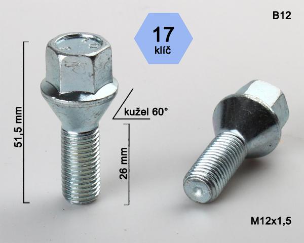 Kolový šroub M12x1,5x26mm, dosedací plocha kužel, klíč 17, pozink, BIMECC