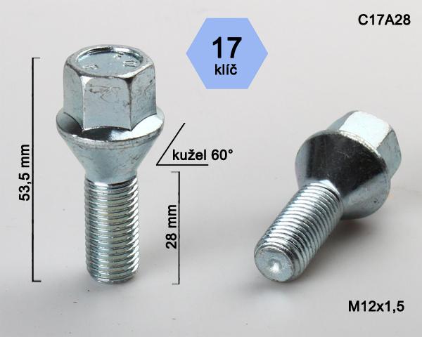 Kolový šroub M12x1,5x28mm, dosedací plocha kužel, klíč 17, pozink, BIMECC
