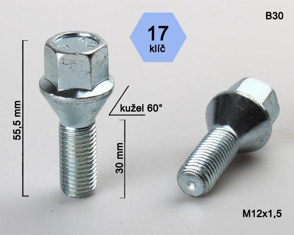 Kolový šroub M12x1,5x30mm, dosedací plocha kužel, klíč 17, pozink, BIMECC