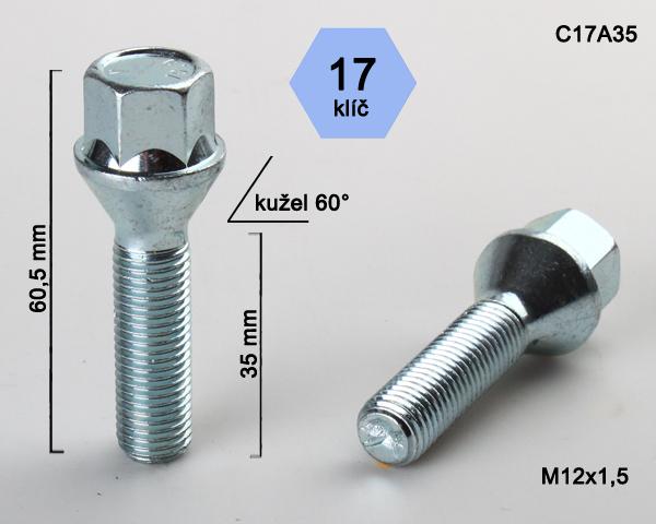 Kolový šroub M12x1,5x35mm, dosedací plocha kužel, klíč 17, pozink, BIMECC