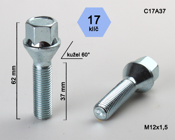 Kolový šroub M12x1,5x37mm, dosedací plocha kužel, klíč 17, pozink, BIMECC