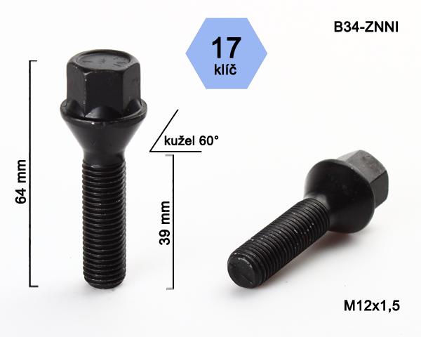 Kolový šroub M12x1,5x39mm, dosedací plocha kužel, klíč 17, černý pozink, BIMECC