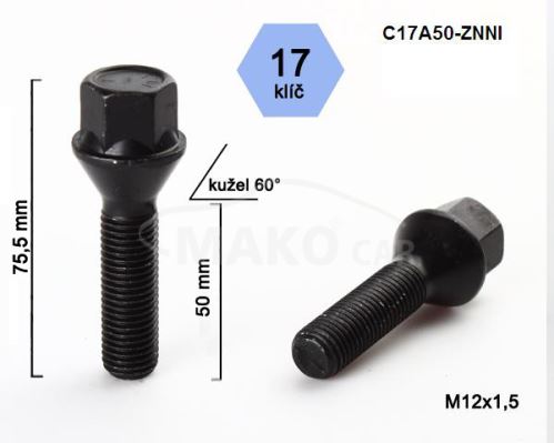 Kolový šroub M12x1,5x50mm, dosedací plocha kužel, klíč 17, černý, BIMECC