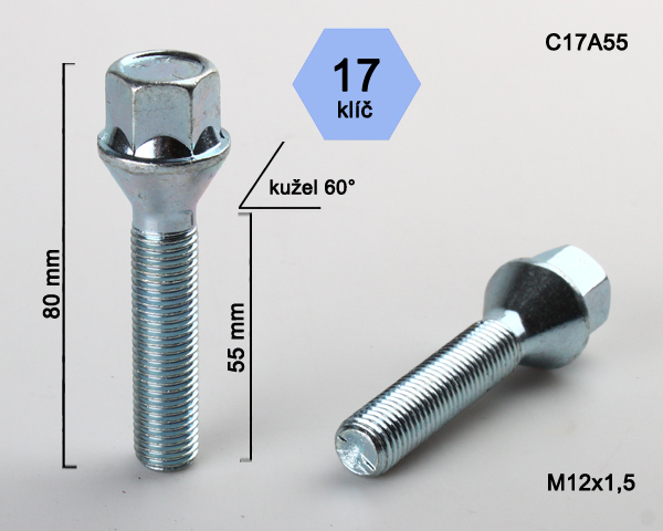 Kolový šroub M12x1,5x55mm, dosedací plocha kužel, klíč 17, pozink, BIMECC