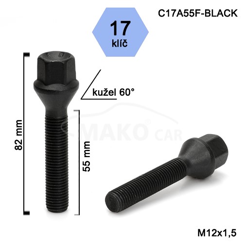 Kolový šroub M12x1,5x55mm, dosedací plocha kužel, klíč 17, černý, BIMECC