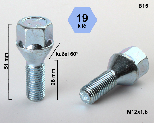 Kolový šroub M12x1,5x25mm, dosedací plocha kužel, klíč 19, pozink