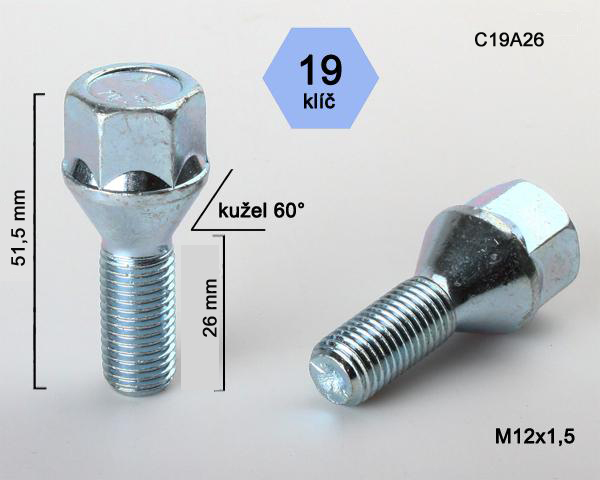 Kolový šroub M12x1,5x26mm, dosedací plocha kužel, klíč 19, pozink