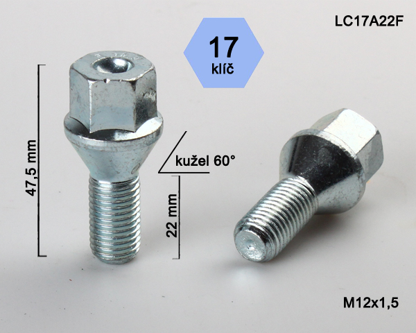 Kolový šroub M12x1,5x22mm, dosedací plocha kužel, klíč 17, pozink