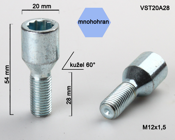 Kolový šroub M12x1,5x28, kužel s vnitřním mnohohranem, průměr hlavy 20, pozink