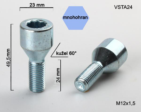 Kolový šroub M12x1,5x24, kužel s vnitřním mnohohranem, průměr hlavy 23, pozink