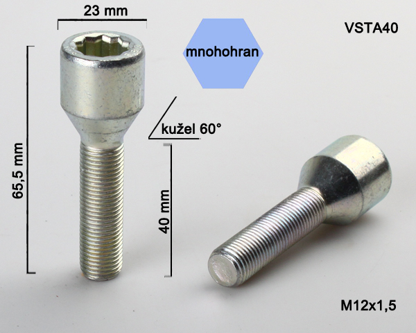 Kolový šroub M12x1,5x40, kužel s vnitřním mnohohranem, průměr hlavy 23, pozink