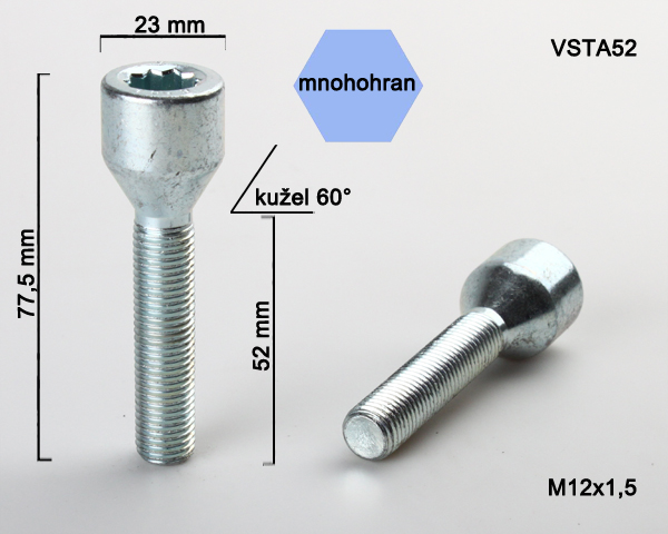 Kolový šroub M12x1,5x52, kužel s vnitřním mnohohranem, průměr hlavy 23, pozink