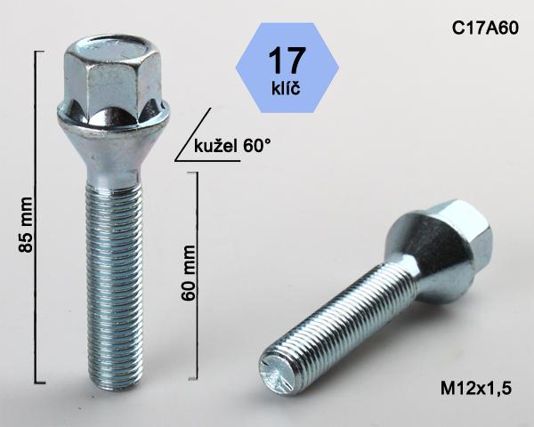 Kolový šroub M12x1,5x60mm, dosedací plocha kužel, klíč 17, pozink