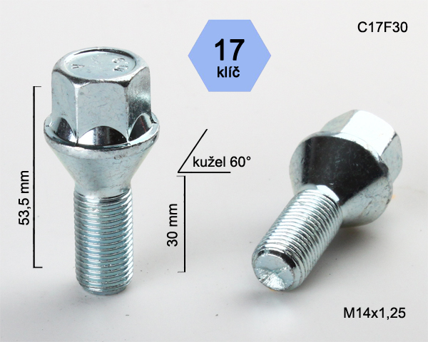 Kolový šroub M14x1,25x30mm, dosedací plocha kužel, klíč 17, pozink, BIMECC