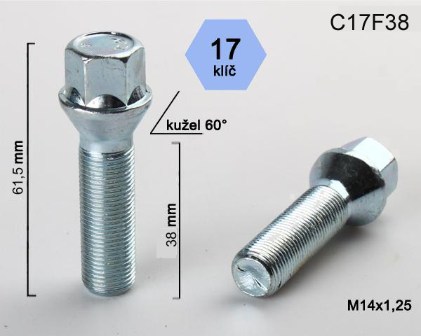 Kolový šroub M14x1,25x38mm, dosedací plocha kužel, klíč 17, pozink, BIMECC