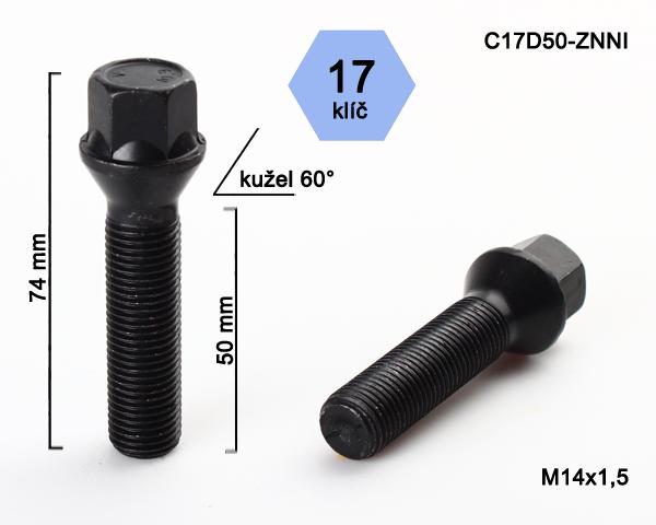 Kolový šroub M14x1,25x50mm, dosedací plocha kužel, klíč 17, černý pozink