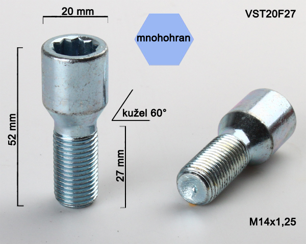 Kolový šroub M14x1,25x27, kužel s vnitřním mnohohranem, průměr hlavy 20, pozink