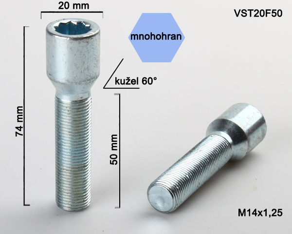 Kolový šroub M14x1,25x50, kužel s vnitřním mnohohranem, průměr hlavy 20, pozink