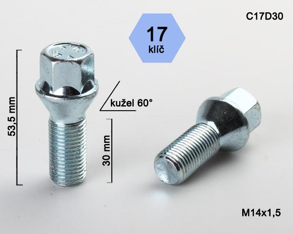 Kolový šroub M14x1,5x30mm, dosedací plocha kužel, klíč 17, pozink, BIMECC