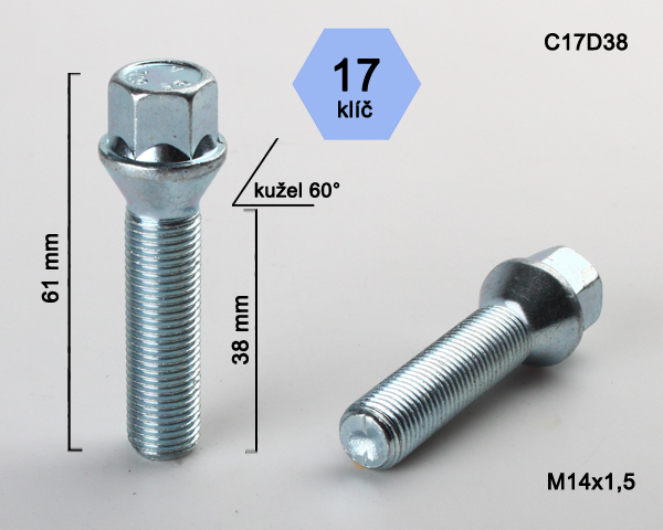 Kolový šroub M14x1,5x38mm, dosedací plocha kužel, klíč 17, pozink, BIMECC