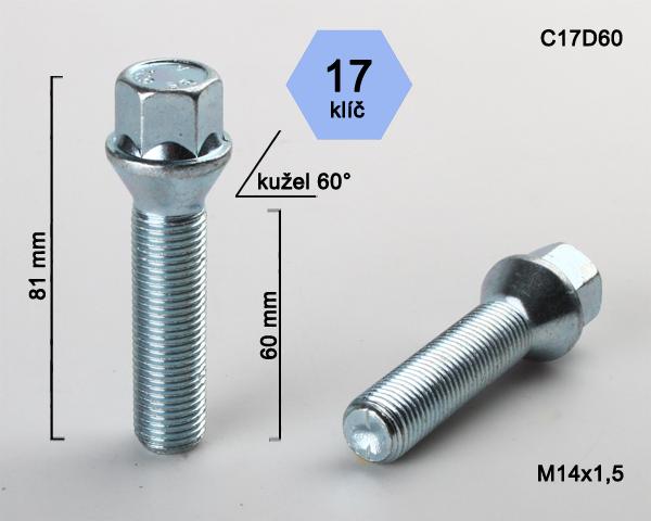 Kolový šroub M14x1,5x60mm, dosedací plocha kužel, klíč 17, pozink, BIMECC