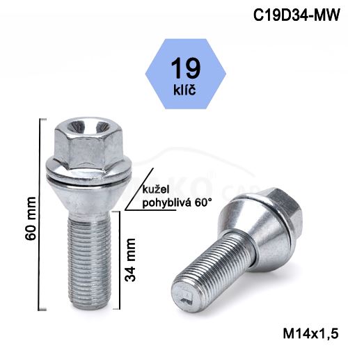 Kolový šroub M14x1,5x34mm, dosedací plocha kužel, pohyblivá, klíč 19, pozink