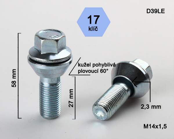 Kolový šroub M14x1,5x27mm, dosedací plocha plovoucí kužel, klíč 17, pozink