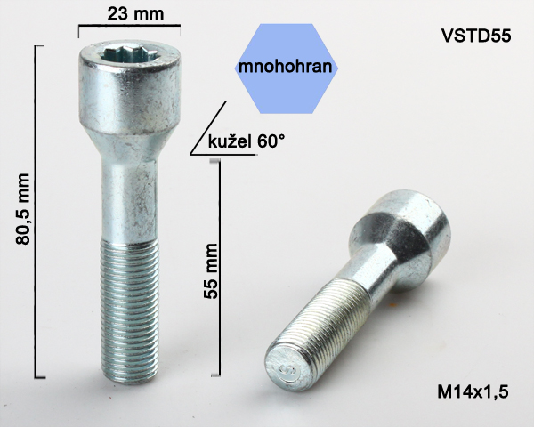 Kolový šroub M14x1,5x55, kužel s vnitřním mnohohranem, průměr hlavy 23, pozink