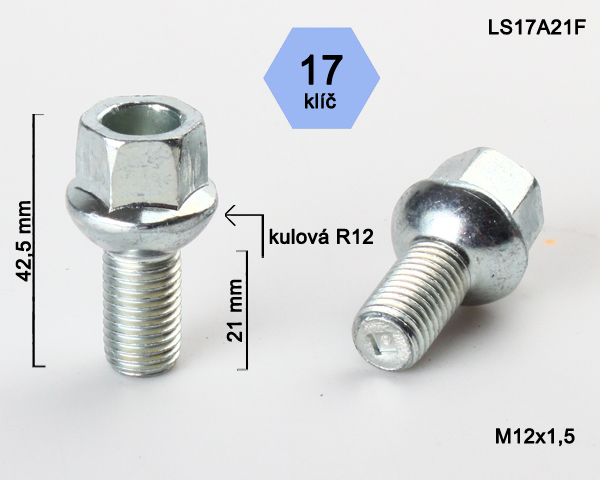 Kolový šroub M12x1,5x21mm dosedací plocha koule R12, klíč 17, pozink